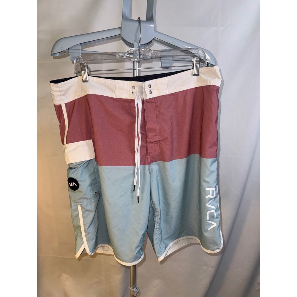 RVCA‎ Industry Mens Board Shorts Size 36 Colorblock Pink Blue Swim Trunks Pocket